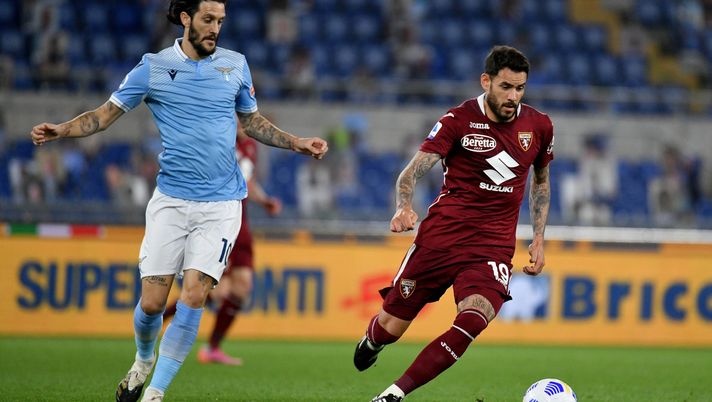 ROME, ITALY - MAY 18: Luis Alberto of SS Lazio competes for the ball with Antonio Sanabria of Torino FC during the Serie A match between SS Lazio and Torino FC at Stadio Olimpico on May 18, 2021 in Rome, Italy. The match, despite it's not postponed by Lega Serie A, will not be played as Torino team need to observe a home quarantine until midnight on Tuesday due to Covd-19. (Photo by Marco Rosi - SS Lazio/Getty Images) ROME, ITALY - MAY 18: Luis Alberto of SS Lazio competes for the ball with Antonio Sanabria of Torino FC during the Serie A match between SS Lazio and Torino FC at Stadio Olimpico on May 18, 2021 in Rome, Italy. The match, despite it's not postponed by Lega Serie A, will not be played as Torino team need to observe a home quarantine until midnight on Tuesday due to Covd-19. (Photo by Marco Rosi - SS Lazio/Getty Images)