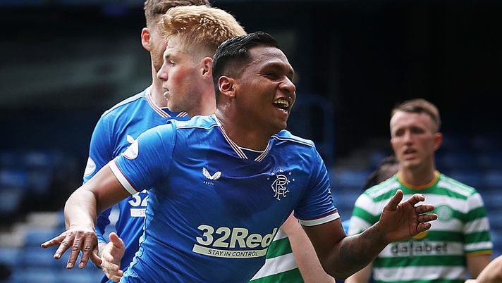 GLASGOW, SCOTLAND - MAY 02: Alfredo Morelos of Rangers celebrates after he scores his team's second goal during the Ladbrokes Scottish Premiership match between Rangers and Celtic at Ibrox Stadium on May 02, 2021 in Glasgow, Scotland. Sporting stadiums around the UK remain under strict restrictions due to the Coronavirus Pandemic as Government social distancing laws prohibit fans inside venues resulting in games being played behind closed doors. (Photo by Ian MacNicol/Getty Images) GLASGOW, SCOTLAND - MAY 02: Alfredo Morelos of Rangers celebrates after he scores his team's second goal during the Ladbrokes Scottish Premiership match between Rangers and Celtic at Ibrox Stadium on May 02, 2021 in Glasgow, Scotland. Sporting stadiums around the UK remain under strict restrictions due to the Coronavirus Pandemic as Government social distancing laws prohibit fans inside venues resulting in games being played behind closed doors. (Photo by Ian MacNicol/Getty Images)