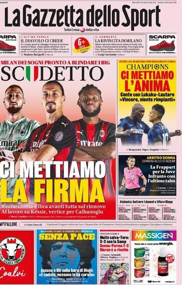 Gazzetta dello Sport, la prima pagina di oggi, martedì 1° dicembre 2020 Gazzetta dello Sport, la prima pagina di oggi, martedì 1° dicembre 2020