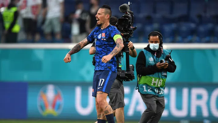 Marek Hamsik of Slovakia celebrates after victory in the UEFA Euro 2020 Championship Group E match between Poland and Slovakia at the Saint Petersburg Stadium on June 14, 2021 in Saint Petersburg, Russia. (Photo by Kirill Kudryavtsev - Pool/Getty Images)