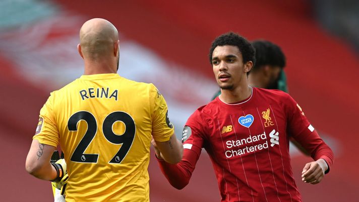 LIVERPOOL, ENGLAND - JULY 05: Pepe Reina of Aston Villa shakes hands with Trent Alexander-Arnold of Liverpool following the Premier League match between Liverpool FC and Aston Villa at Anfield on July 05, 2020 in Liverpool, England.Football Stadiums around Europe remain empty due to the Coronavirus Pandemic as Government social distancing laws prohibit fans inside venues resulting in games being played behind closed doors. (Photo by Shaun Botterill/Getty Images) LIVERPOOL, ENGLAND - JULY 05: Pepe Reina of Aston Villa shakes hands with Trent Alexander-Arnold of Liverpool following the Premier League match between Liverpool FC and Aston Villa at Anfield on July 05, 2020 in Liverpool, England.Football Stadiums around Europe remain empty due to the Coronavirus Pandemic as Government social distancing laws prohibit fans inside venues resulting in games being played behind closed doors. (Photo by Shaun Botterill/Getty Images)