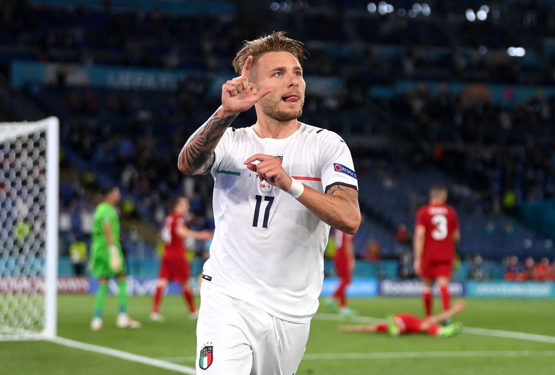  ROME, ITALY - JUNE 11: Ciro Immobile of Italy celebrates after scoring their side's second goal during the UEFA Euro 2020 Championship Group A match between Turkey and Italy at the Stadio Olimpico on June 11, 2021 in Rome, Italy. (Photo by Mike Hewitt/Getty Images) 