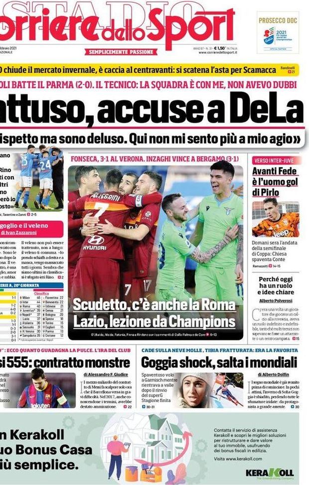 Prima Pagina, Corriere dello Sport: “”Gattuso, accuse a DeLa! Scudetto, c’è anche la Roma” Prima Pagina, Corriere dello Sport: “”Gattuso, accuse a DeLa! Scudetto, c’è anche la Roma”