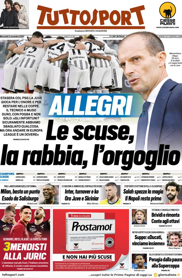 Prima pagina Tuttosport 02/11/2022