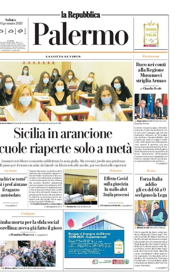 Prima Pagina, La Repubblica-Palermo: “Sicilia in arancione, scuole riaperte solo a metà”  Prima Pagina, La Repubblica-Palermo: “Sicilia in arancione, scuole riaperte solo a metà”