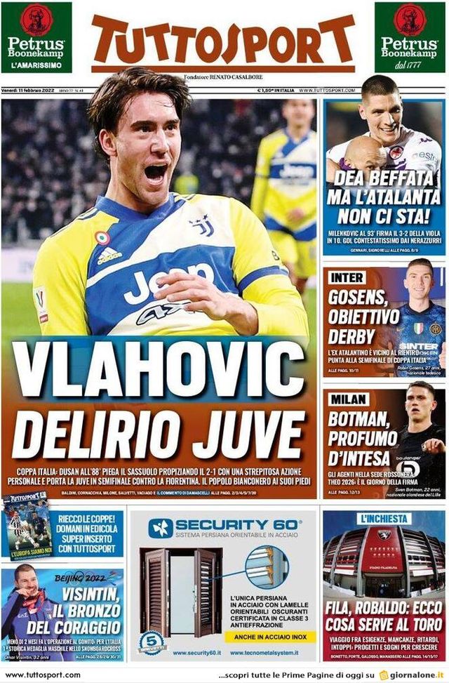 Prima Pagina, Tuttosport: “Vlahovic delirio Juve. Gosens, obiettivo derby”  Prima Pagina