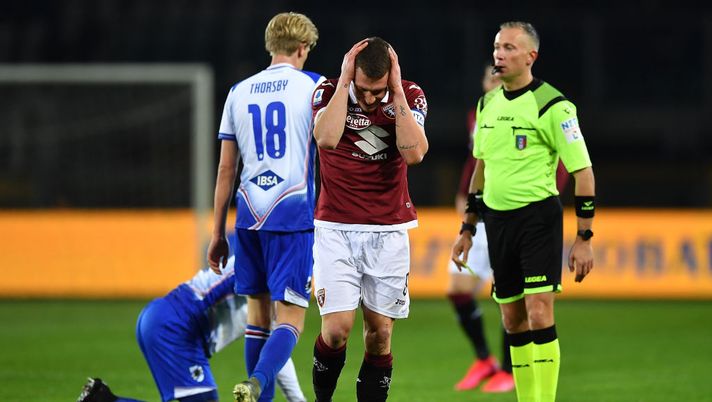 TURIN, ITALY - FEBRUARY 08:  Andrea Belotti of Torino FC reacts during the Serie A match between Torino FC and  UC Sampdoria at Stadio Olimpico di Torino on February 8, 2020 in Turin, Italy.  (Photo by Valerio Pennicino/Getty Images) 