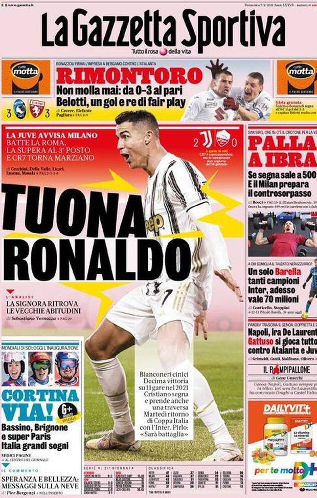  La Gazzetta dello Sport, la prima pagina di oggi, domenica 7 febbraio 2021 