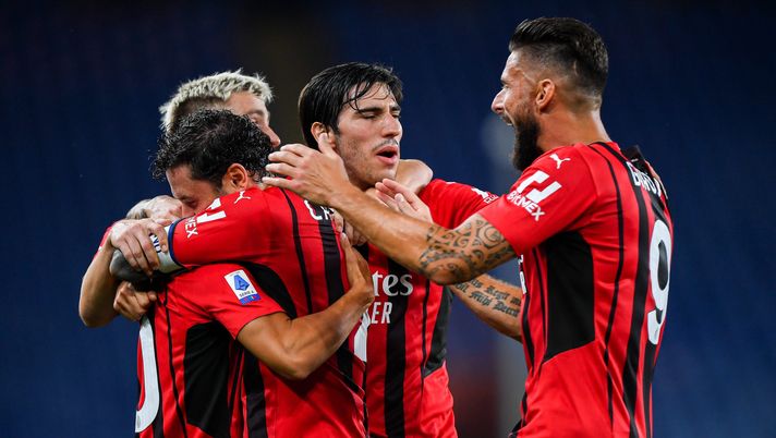 L'esultanza dei rossoneri dopo il gol di Brahim Diaz nel corso di Sampdoria-Milan | Serie A News (Getty Images) 