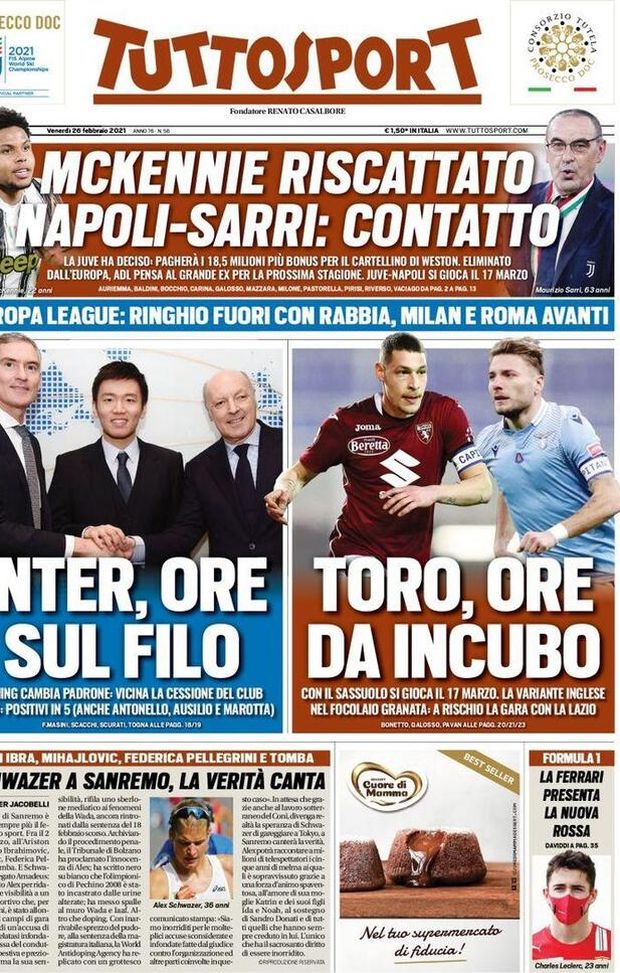 Prima Pagina, Tuttosport: “Inter ore sul filo. Toro ore da incubo. Suning cambia padrone, vicina la cessione del club” Prima Pagina, Tuttosport: “Inter ore sul filo. Toro ore da incubo. Suning cambia padrone, vicina la cessione del club”