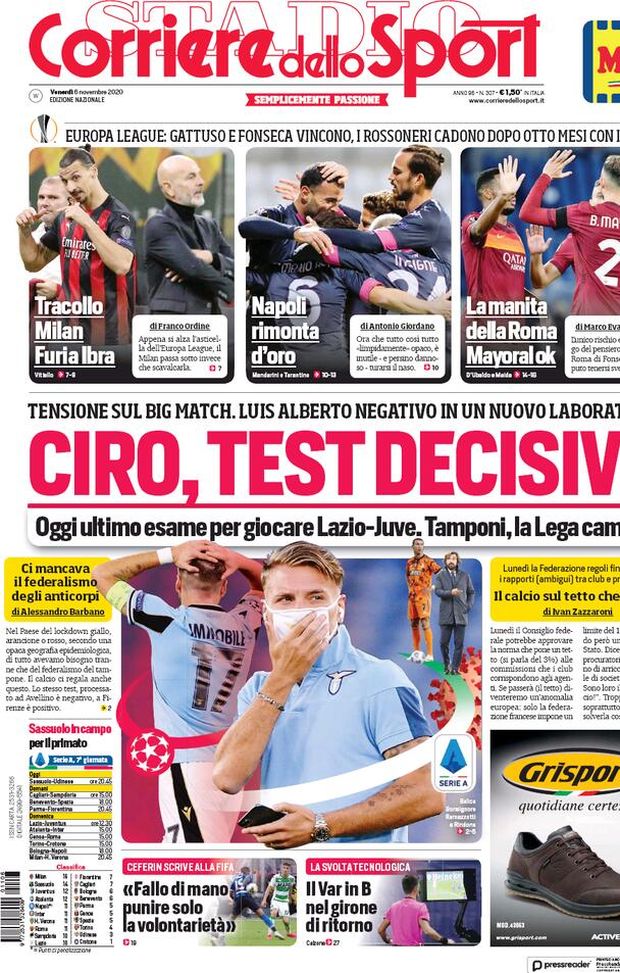 La Prima Pagina del 'Corriere dello Sport di oggi, 6 novembre 2020' 
