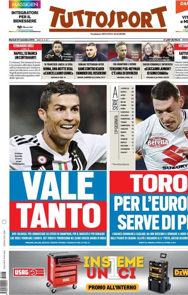 Prima Pagina, Tuttosport: “Vale tanto. Roma, una notte Real. Tensione PSG-Neymar…” Prima Pagina, Tuttosport: “Vale tanto. Roma, una notte Real. Tensione PSG-Neymar…”