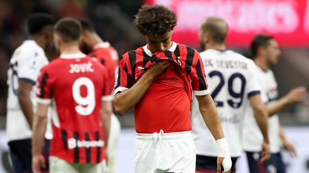 MILAN, ITALY - MAY 09: Joao Felix of AC Milan reacts during the Serie A match between AC Milan and Bologna at Stadio Giuseppe Meazza on May 09, 2025 in Milan, Italy. (Photo by Marco Luzzani/Getty Images)