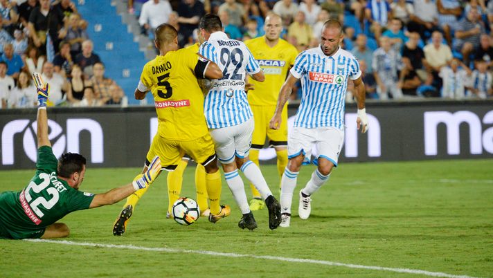 FERRARA, ITALY - AUGUST 27:  Manuel Lazzari (oscured) of Spal scores his team's second goal during the Serie A match between Spal and Udinese Calcio at Stadio Paolo Mazza on August 27, 2017 in Ferrara, Italy.  (Photo by Dino Panato/Getty Images) 
