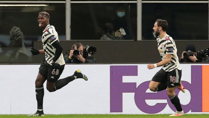 Paul Pogba (centrocampista Manchester United) esulta per il suo gol in Milan-Manchester United (Europa League 2020-2021) | AC Milan News (Getty Images) 