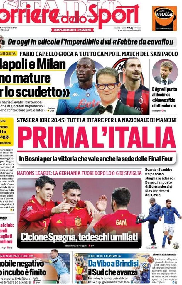 Il Corriere dello Sport, la prima pagina di oggi, mercoledì 18 novembre 2020 