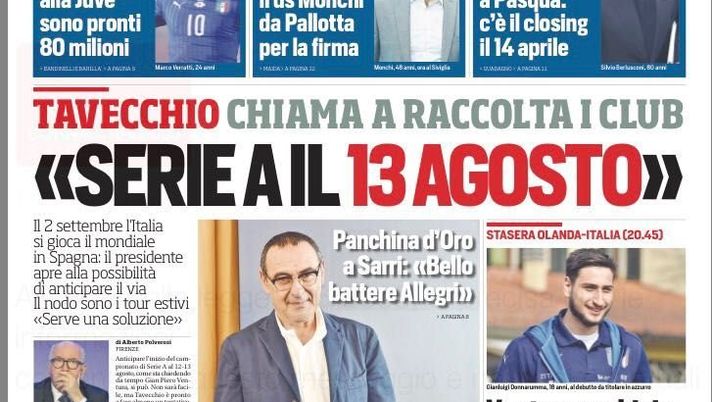 Prima Pagina, Corriere dello Sport: “Serie A il 13 agosto. Verratti alla Juventus, pronti 80 milioni” 