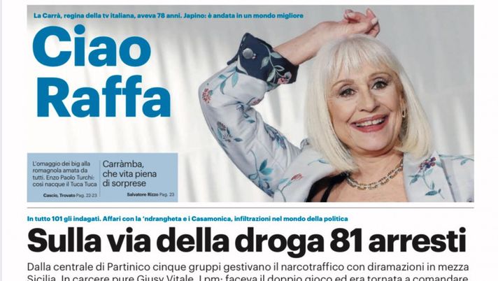 Prima Pagina, Giornale di Sicilia: “Ciao Raffa. L’Italia si ferma per tifare” Prima Pagina, Giornale di Sicilia: “Ciao Raffa. L’Italia si ferma per tifare”