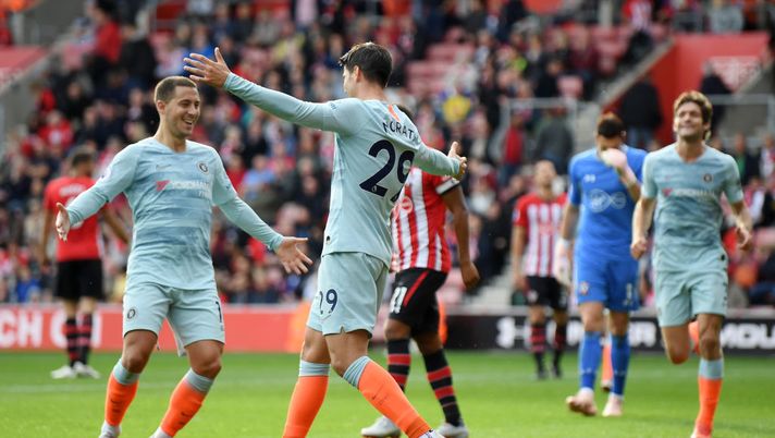 SOUTHAMPTON, ENGLAND - OCTOBER 07: Alvaro Morata of Chelsea celebrates with teammate Eden Hazard after scoring his team's third goal during the Premier League match between Southampton FC and Chelsea FC at St Mary's Stadium on October 7, 2018 in Southampton, United Kingdom. (Photo by Mike Hewitt/Getty Images) SOUTHAMPTON, ENGLAND - OCTOBER 07: Alvaro Morata of Chelsea celebrates with teammate Eden Hazard after scoring his team's third goal during the Premier League match between Southampton FC and Chelsea FC at St Mary's Stadium on October 7, 2018 in Southampton, United Kingdom. (Photo by Mike Hewitt/Getty Images)