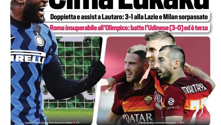 Prima Pagina, Corriere dello Sport: &#8220;Cima Lukaku, 3-1 alla Lazio e Milan superato. Roma insuperabile all&#8217;Olimpico&#8221; 