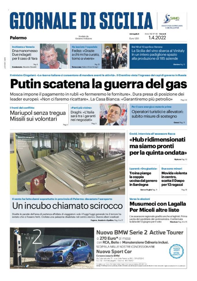 Prima Pagina, Giornale di Sicilia: “Putin scatena la guerra del gas” Prima Pagina, Giornale di Sicilia: “Putin scatena la guerra del gas” - immagine 1