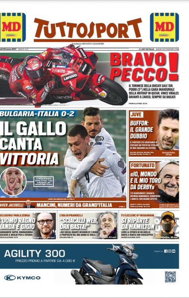 Prima Pagina, Tuttosport: “Il Gallo canta vittoria. Bulgaria-Italia 0-2”  Prima Pagina, Tuttosport: “Il Gallo canta vittoria. Bulgaria-Italia 0-2”