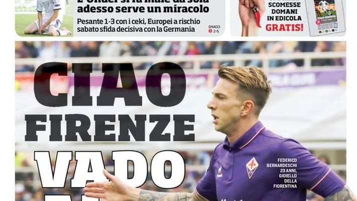 Prima Pagina, Corriere dello Sport: “Bernardeschi ha scelto, ciao Firenze vado alla Juve! Milan, c’è la strada per arrivare a James” Prima Pagina, Corriere dello Sport: “Bernardeschi ha scelto, ciao Firenze vado alla Juve! Milan, c’è la strada per arrivare a James”