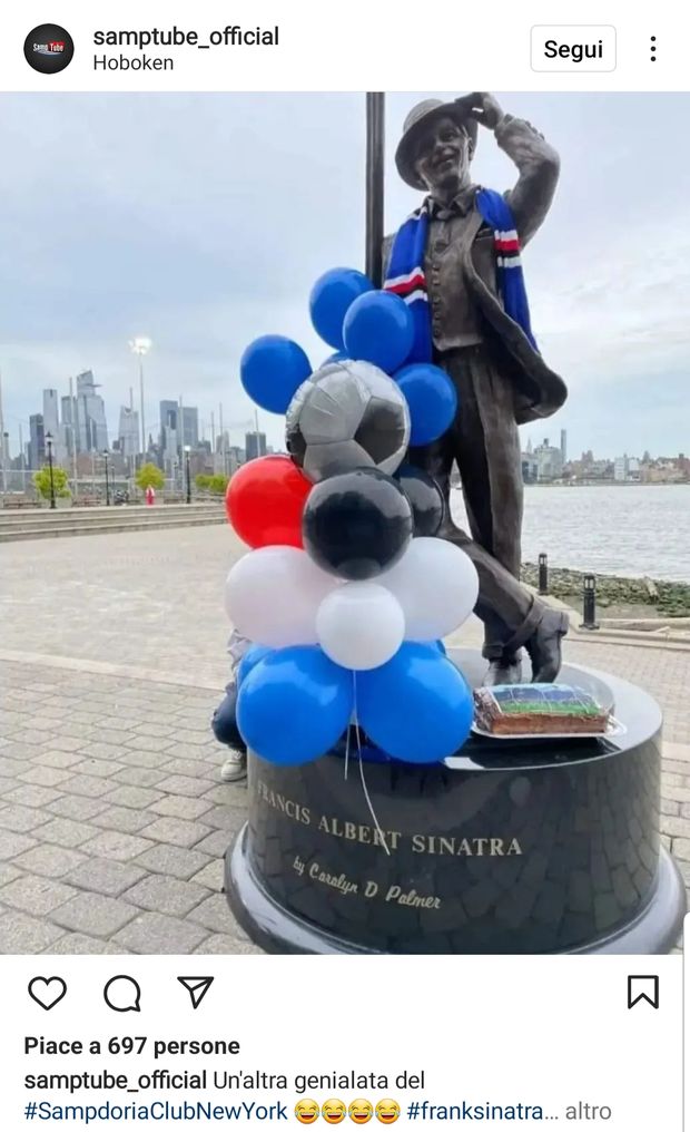 Sinatra genoano? Il derby del Samp club New York: sciarpa blucerchiata sulla statua di the Voice- immagine 2