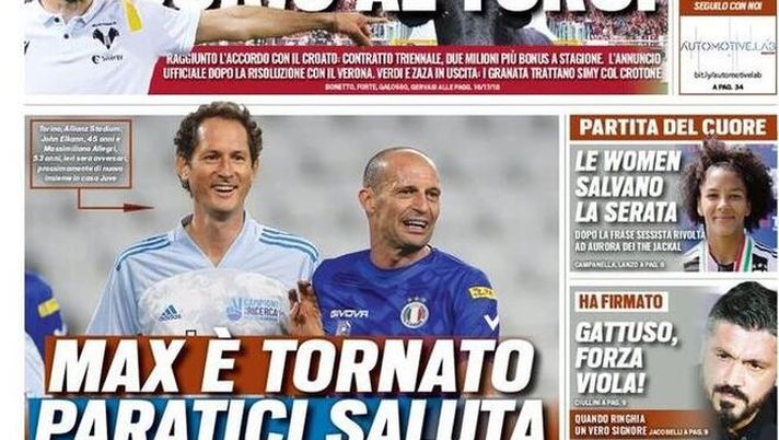 Prima Pagina, Tuttosport: &#8220;Juric al Toro! Max è tornato, Paratici saluta. Gattuso, forza viola!&#8221; 