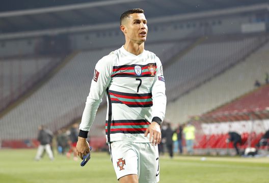BELGRADE, SERBIA - MARCH 27: Cristiano Ronaldo of Portugal reacts during the FIFA World Cup 2022 Qatar qualifying match between Serbia and Portugal at FK Crvena Zvezda stadium on March 27, 2021 in Belgrade, Serbia. Sporting stadiums around Serbia remain under strict restrictions due to the Coronavirus Pandemic as Government social distancing laws prohibit fans inside venues resulting in games being played behind closed doors. (Photo by Srdjan Stevanovic/Getty Images) BELGRADE, SERBIA - MARCH 27: Cristiano Ronaldo of Portugal reacts during the FIFA World Cup 2022 Qatar qualifying match between Serbia and Portugal at FK Crvena Zvezda stadium on March 27, 2021 in Belgrade, Serbia. Sporting stadiums around Serbia remain under strict restrictions due to the Coronavirus Pandemic as Government social distancing laws prohibit fans inside venues resulting in games being played behind closed doors. (Photo by Srdjan Stevanovic/Getty Images)