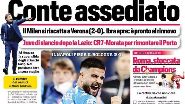 Prima Pagina, Corriere dello Sport: “Conte assediato. Il Milan si riscatta a Verona, Insigne e la notte della riscossa&#8221;