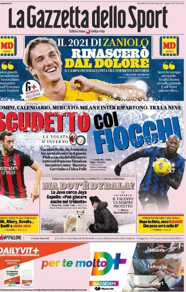 Gazzetta dello Sport, la prima pagina di oggi, martedì 29 dicembre 2020 