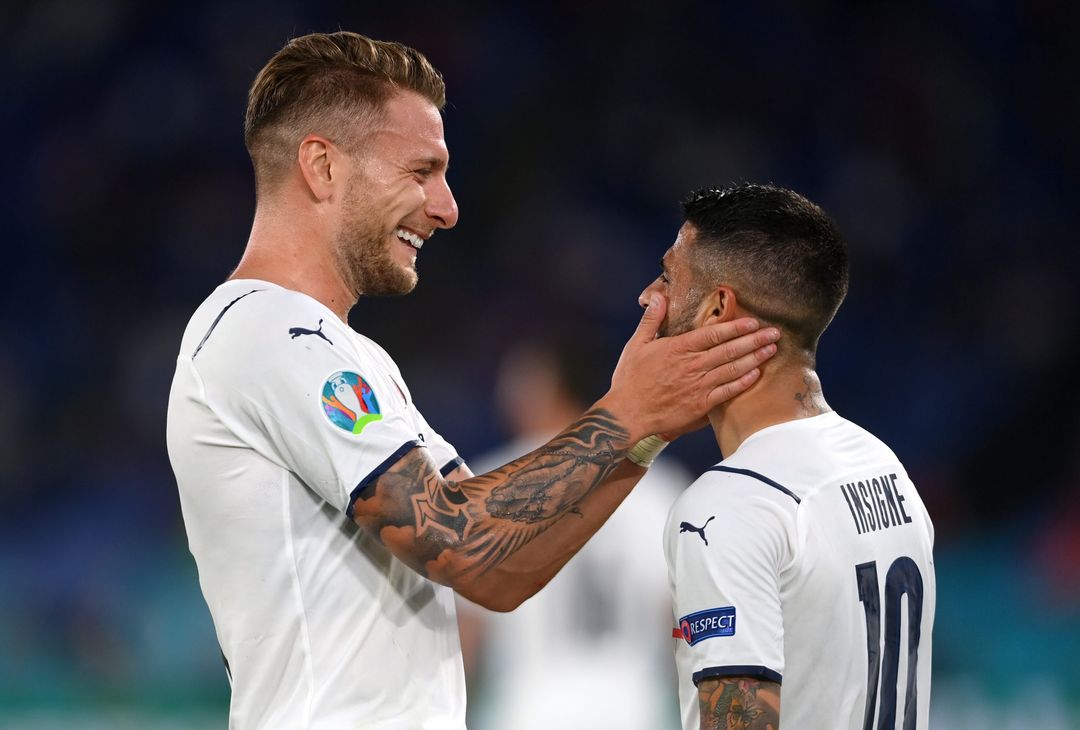  ROME, ITALY - JUNE 11: Lorenzo Insigne of Italy celebrates with Ciro Immobile after scoring their side's third goal during the UEFA Euro 2020 Championship Group A match between Turkey and Italy at the Stadio Olimpico on June 11, 2021 in Rome, Italy. (Photo by Mike Hewitt/Getty Images) 