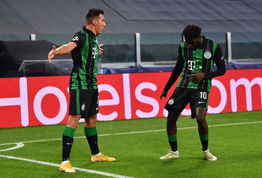 TURIN, ITALY - NOVEMBER 24: Myrto Uzuni of Ferencvaros celebrates with teammate Tokmac Nguen after scoring their team's first goal during the UEFA Champions League Group G stage match between Juventus and Ferencvaros Budapest at Allianz Stadium on November 24, 2020 in Turin, Italy. Sporting stadiums around Italy remain under strict restrictions due to the Coronavirus Pandemic as Government social distancing laws prohibit fans inside venues resulting in games being played behind closed doors. (Photo by Valerio Pennicino/Getty Images) TURIN, ITALY - NOVEMBER 24: Myrto Uzuni of Ferencvaros celebrates with teammate Tokmac Nguen after scoring their team's first goal during the UEFA Champions League Group G stage match between Juventus and Ferencvaros Budapest at Allianz Stadium on November 24, 2020 in Turin, Italy. Sporting stadiums around Italy remain under strict restrictions due to the Coronavirus Pandemic as Government social distancing laws prohibit fans inside venues resulting in games being played behind closed doors. (Photo by Valerio Pennicino/Getty Images)