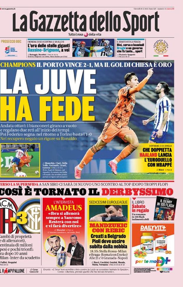 Prima Pagina, La Gazzetta dello Sport: “La Juve ha Fede, il gol di Chiesa è oro. Così è tornato il derbyssimo” Prima Pagina, La Gazzetta dello Sport: “La Juve ha Fede, il gol di Chiesa è oro. Così è tornato il derbyssimo”