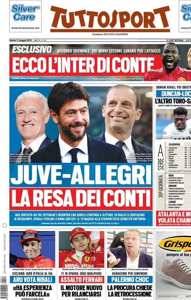 Prima Pagina, Tuttosport: “Juve-Allegri, resa dei conti. Palermo choc. Ecco l’Inter di Conte” Prima Pagina, Tuttosport: “Juve-Allegri, resa dei conti. Palermo choc. Ecco l’Inter di Conte”