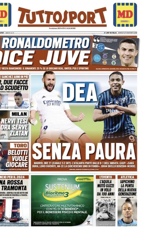 Prima Pagina, Tuttosport: “Il Ronaldometro dice Juve. Dea senza paura. Belotti…”  Prima Pagina, Tuttosport: “Il Ronaldometro dice Juve. Dea senza paura. Belotti…”