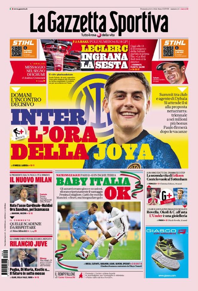 Prima Pagina, La Gazzetta dello Sport: “Inter, l’ora della Joya. Baby Italia ok” - immagine 1