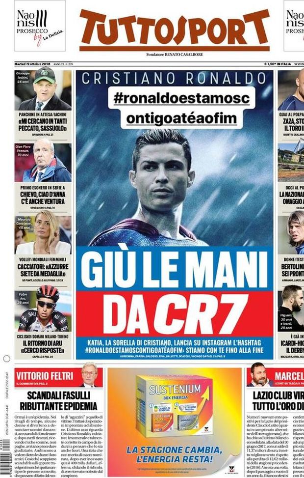Prima Pagina, Tuttosport: “Giù le mani da CR7. La Nazionale per Genova. Icardi-Higuain al top, derby totale…” Prima Pagina, Tuttosport: “Giù le mani da CR7. La Nazionale per Genova. Icardi-Higuain al top, derby totale…”