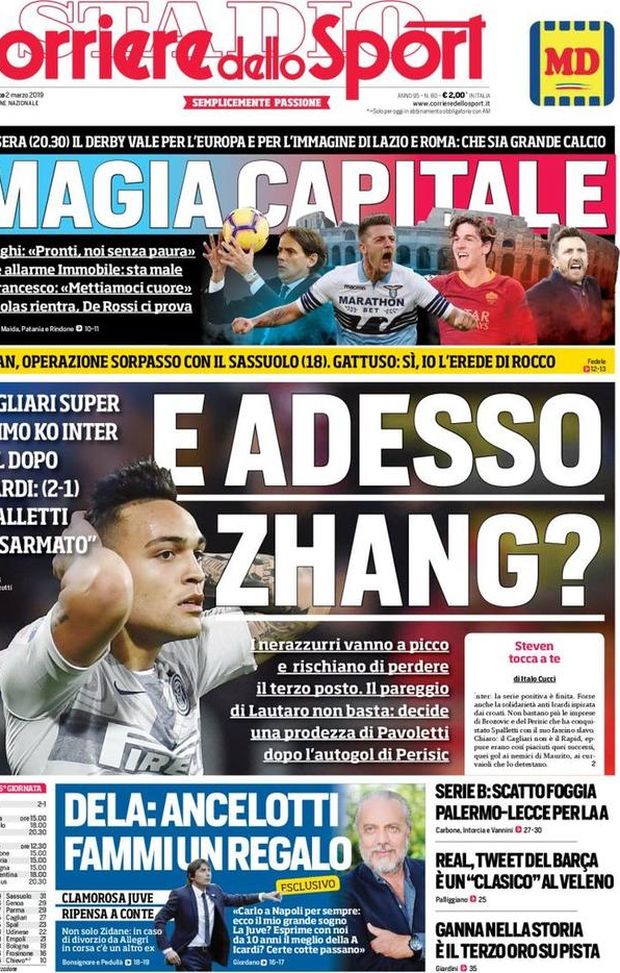 Prima Pagina, Corriere dello Sport: “E adesso Zhang? Magia capitale. Milan, operazione sorpasso. Clamorosa Juve…” Prima Pagina, Corriere dello Sport: “E adesso Zhang? Magia capitale. Milan, operazione sorpasso. Clamorosa Juve…”
