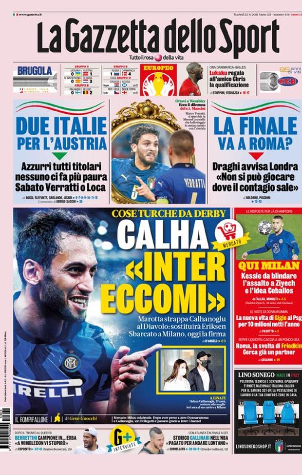 Prima Pagina, La Gazzetta dello Sport: “Calha: Inter eccomi. Cose turche da derby”  Prima Pagina, La Gazzetta dello Sport: “Calha: Inter eccomi. Cose turche da derby”