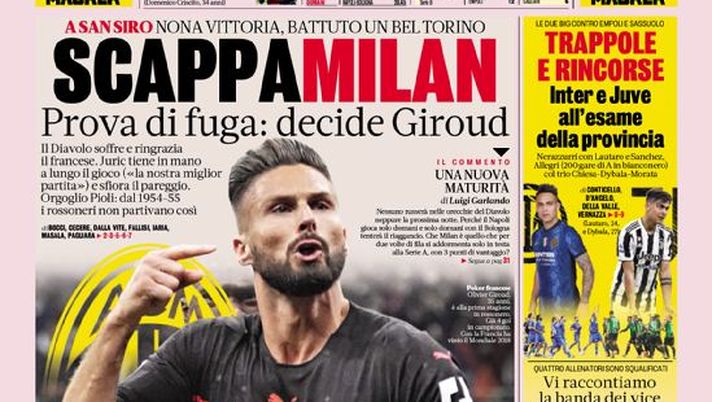 Prima Pagina, La Gazzetta dello Sport: “Scappa Milan. Prova di fuga, decide Giroud” Prima Pagina, La Gazzetta dello Sport: “Scappa Milan. Prova di fuga, decide Giroud” - immagine 1