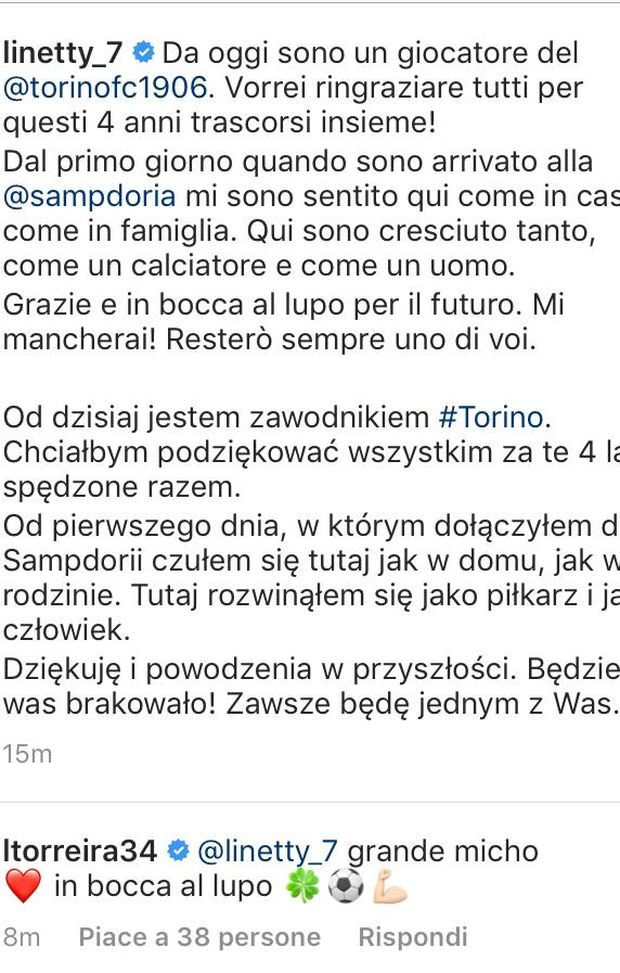  Il messaggio di Linetty e il commento di Torreira 