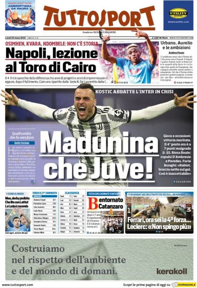 Prima pagina Tuttosport 20/03/2023
