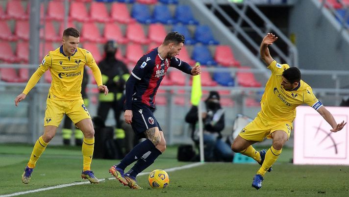 BOLOGNA, ITALY - JANUARY 16: Mitchel Dijks of Bologna FC ( L ) competes the ball with Davide Faraoni of Hella Verona FC ( R ) during the Serie A match between Bologna FC and Hellas Verona FC at Stadio Renato Dall'Ara on January 16, 2021 in Bologna, Italy. (Photo by Mario Carlini / Iguana Press/Getty Images) BOLOGNA, ITALY - JANUARY 16: Mitchel Dijks of Bologna FC ( L ) competes the ball with Davide Faraoni of Hella Verona FC ( R ) during the Serie A match between Bologna FC and Hellas Verona FC at Stadio Renato Dall'Ara on January 16, 2021 in Bologna, Italy. (Photo by Mario Carlini / Iguana Press/Getty Images)