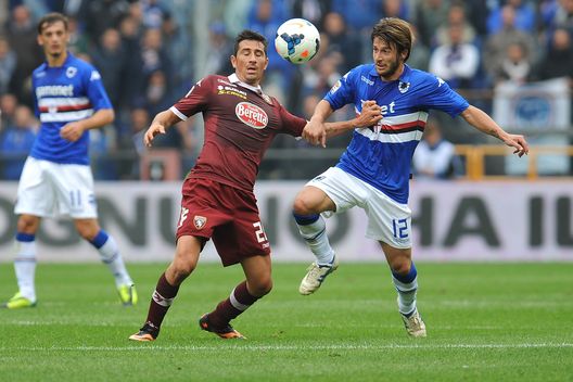 GENOA, ITALY - OCTOBER 06: Gianluca Sansone (R) of UC Sampdoria is challenged by Giuseppe Vives of Torino FC during the Serie A match between UC Sampdoria and Torino FC at Stadio Luigi Ferraris on October 6, 2013 in Genoa, Italy. (Photo by Valerio Pennicino/Getty Images) GENOA, ITALY - OCTOBER 06: Gianluca Sansone (R) of UC Sampdoria is challenged by Giuseppe Vives of Torino FC during the Serie A match between UC Sampdoria and Torino FC at Stadio Luigi Ferraris on October 6, 2013 in Genoa, Italy. (Photo by Valerio Pennicino/Getty Images)