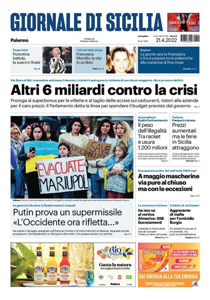 Prima Pagina, Giornale di Sicilia: “Altri 6 miliardi contro la crisi” - immagine 1