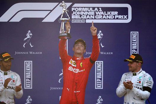 SPA, BELGIUM - SEPTEMBER 01: Race winner Charles Leclerc of Monaco and Ferrari (centre) celebrates on the podium with second placed Lewis Hamilton of Great Britain and Mercedes GP (left) and third placed Valtteri Bottas of Finland and Mercedes GP (right) during the F1 Grand Prix of Belgium at Circuit de Spa-Francorchamps on September 01, 2019 in Spa, Belgium. (Photo by Dean Mouhtaropoulos/Getty Images) SPA, BELGIUM - SEPTEMBER 01: Race winner Charles Leclerc of Monaco and Ferrari (centre) celebrates on the podium with second placed Lewis Hamilton of Great Britain and Mercedes GP (left) and third placed Valtteri Bottas of Finland and Mercedes GP (right) during the F1 Grand Prix of Belgium at Circuit de Spa-Francorchamps on September 01, 2019 in Spa, Belgium. (Photo by Dean Mouhtaropoulos/Getty Images)