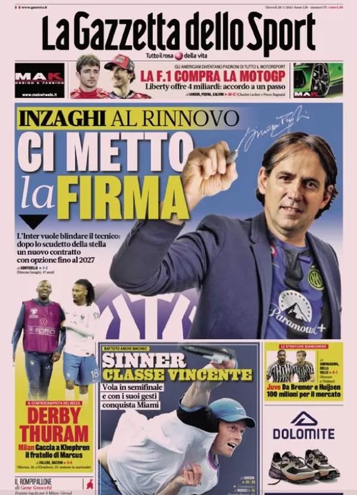 EDICOLA / GdS: Inzaghi ci mette la firma. Pronto il rinnovo fino al 2027- immagine 3