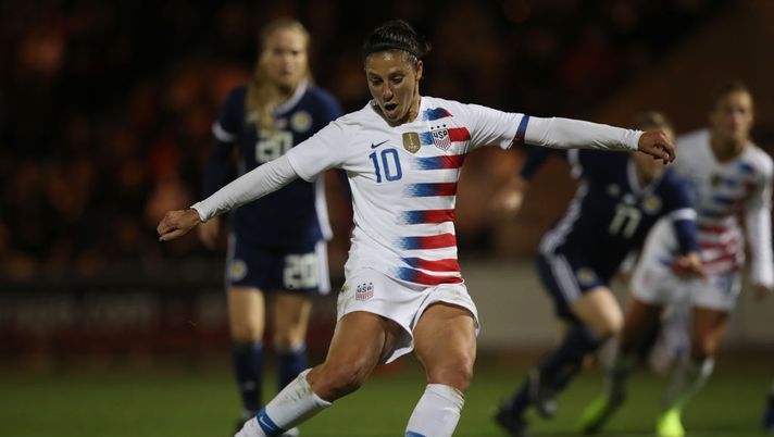 PAISLEY, SCOTLAND - NOVEMBER 13: Carli Lloyd of United States takes a penalty during the Women's International Friendly match between Scotland and United States at The Simple Digital Arena on November 13, 2018 in Paisley, Scotland. (Photo by Ian MacNicol/Getty Images) 